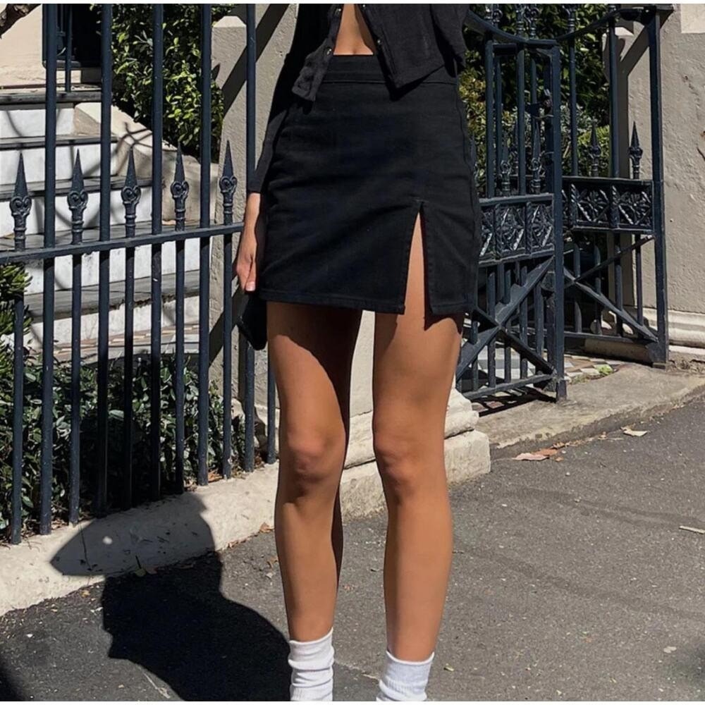 Lioness Black‎ Lola Denim Mini Skirt High Waisted Side Slit Size Small